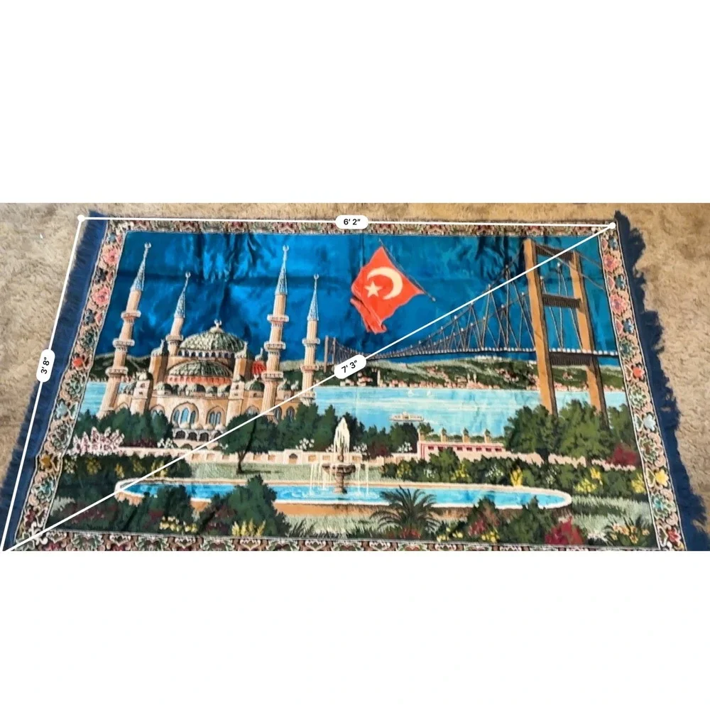 Vintage Turkish‎ Velvet Wall Tapestry Rug Istanbul Mosque Bosphorus Bridge